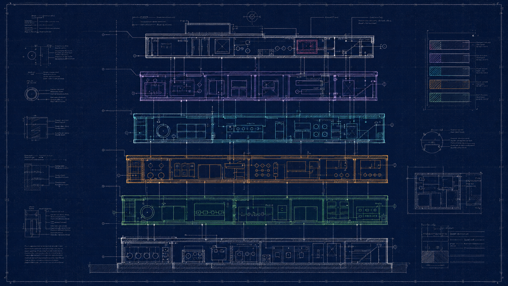 L'écosystème dessiné comme un bâtiment : couches superposées, modules ancrés, plans tenus avec soin.