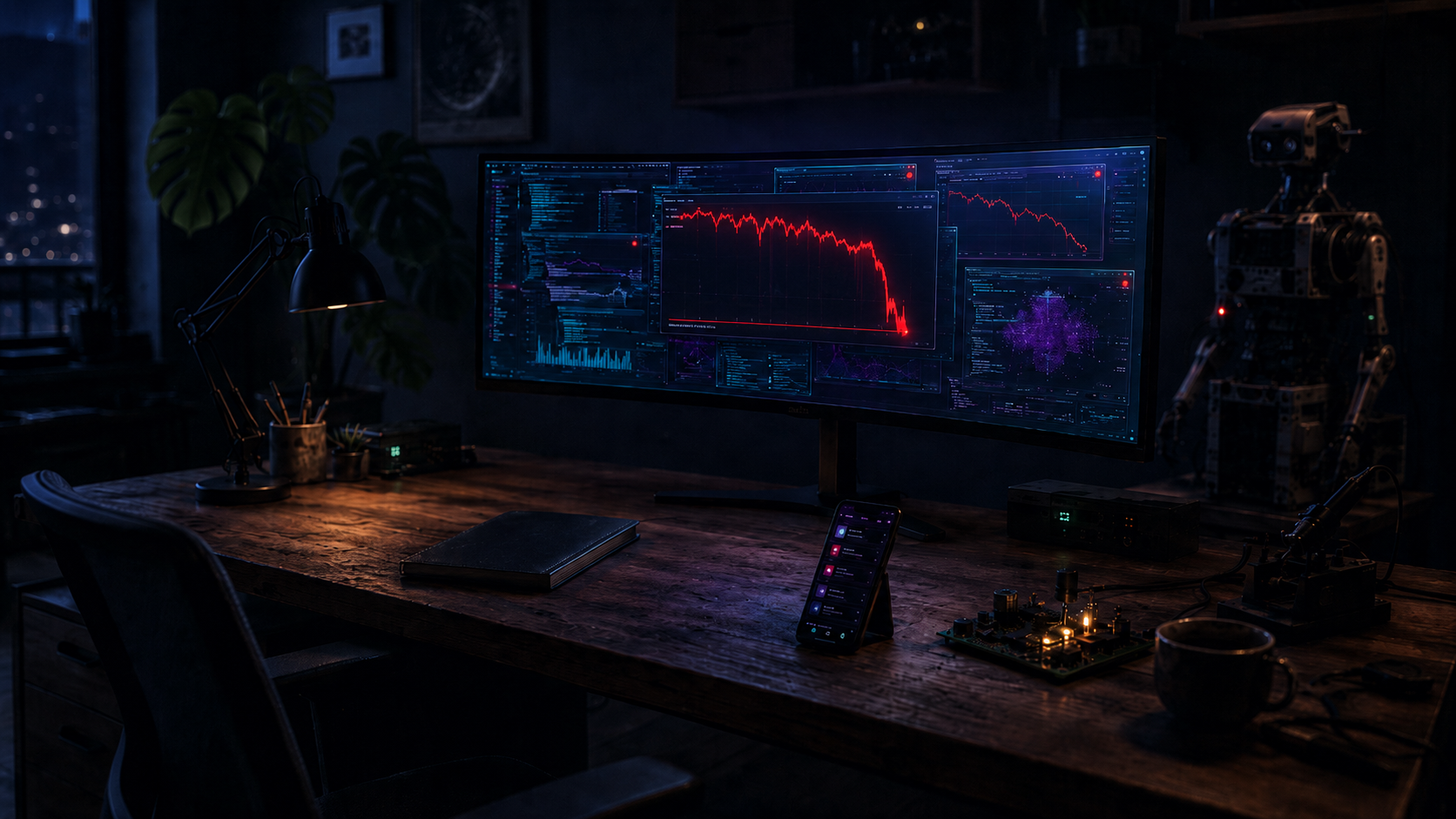 Atelier nocturne, plus tard dans la nuit : sur l'écran ultrawide, un graphe rouge en chute libre, terminaux en cascade. Robot et lampe d'alerte rouge sur le bureau.