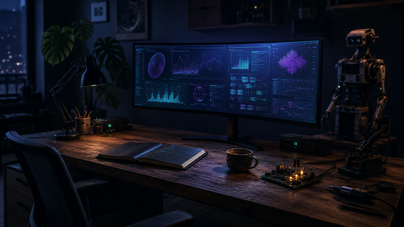 Atelier nocturne : écran ultrawide aux graphes cyan/violet, robot humanoïde à droite, plante, café et carnet sur bureau bois. Chaise vide.
