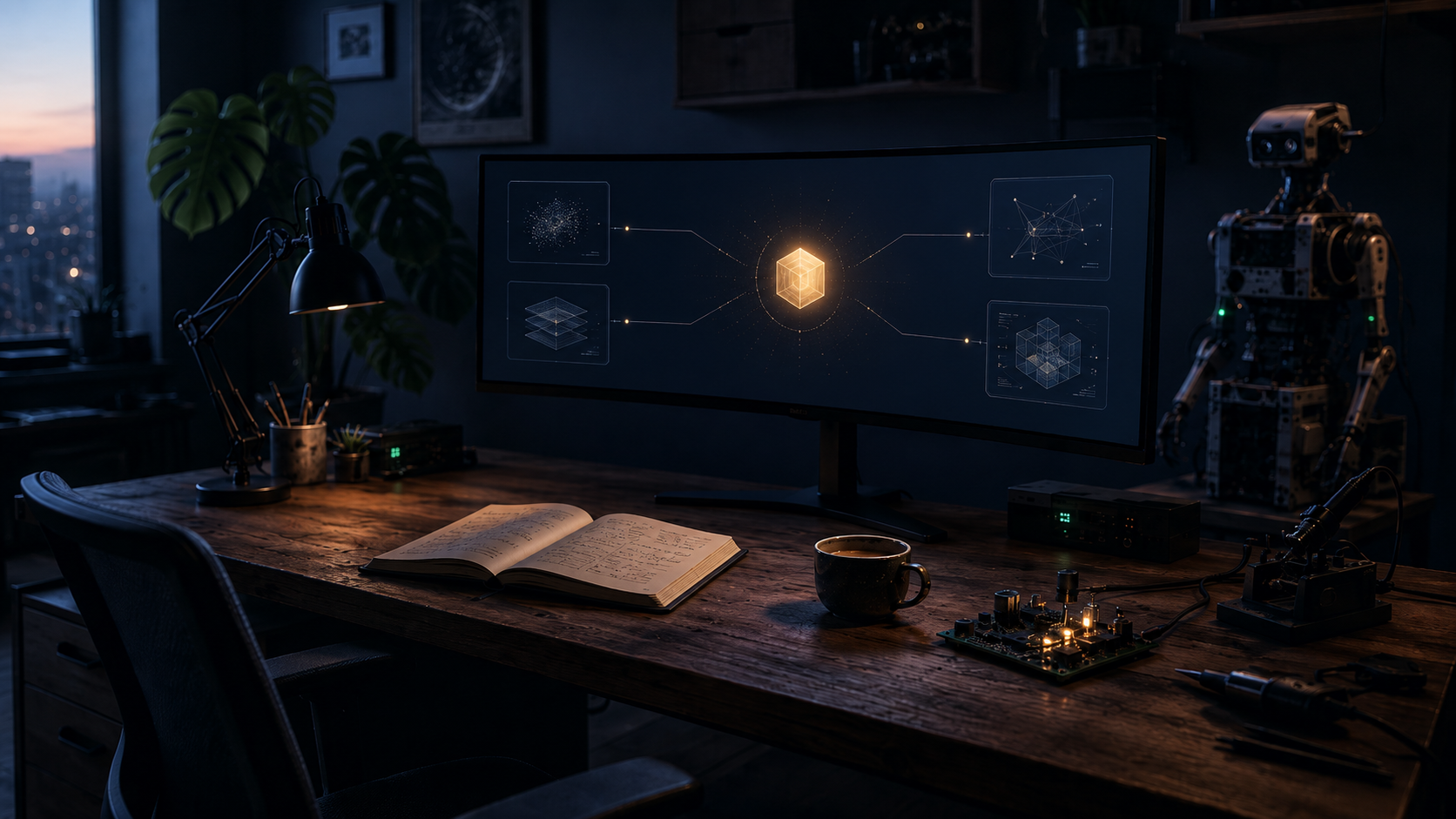 Atelier au petit matin : sur l'écran ultrawide, un cube ambre central rayonne vers quatre panneaux ancrés. Notebook ouvert, café plein, aube discrète à la fenêtre.