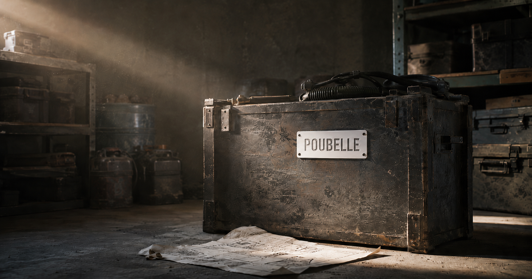 Atelier à l'aube : vieille caisse industrielle patinée, une plaque métallique gravée du mot « POUBELLE » sur son flanc, un plan froissé au sol, rai de lumière poussiéreux.