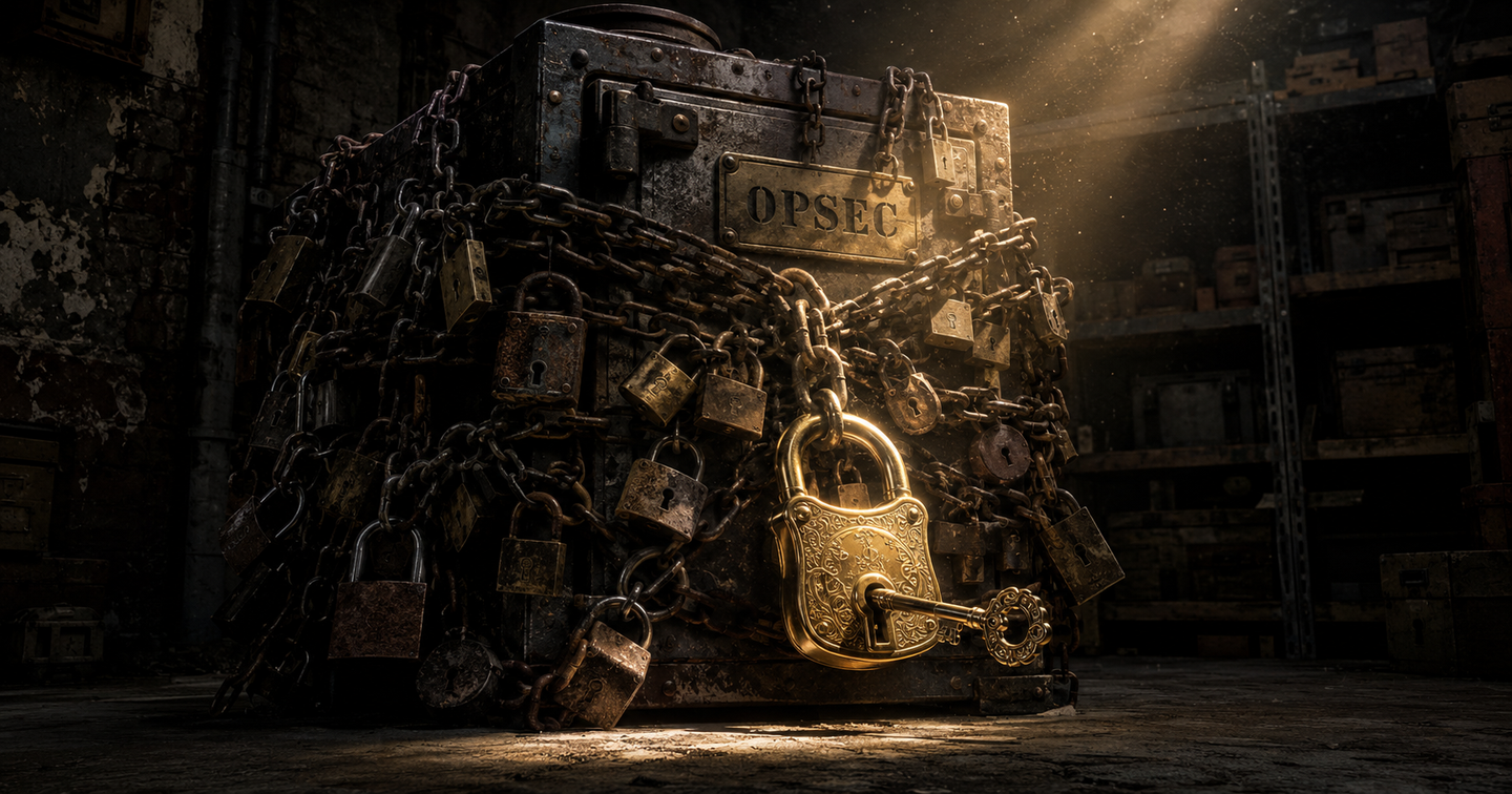 Coffre-fort enchaîné sous des dizaines de cadenas dépareillés ; au premier plan, un gros cadenas doré et sa clé en lumière — celui qui ouvre tout.