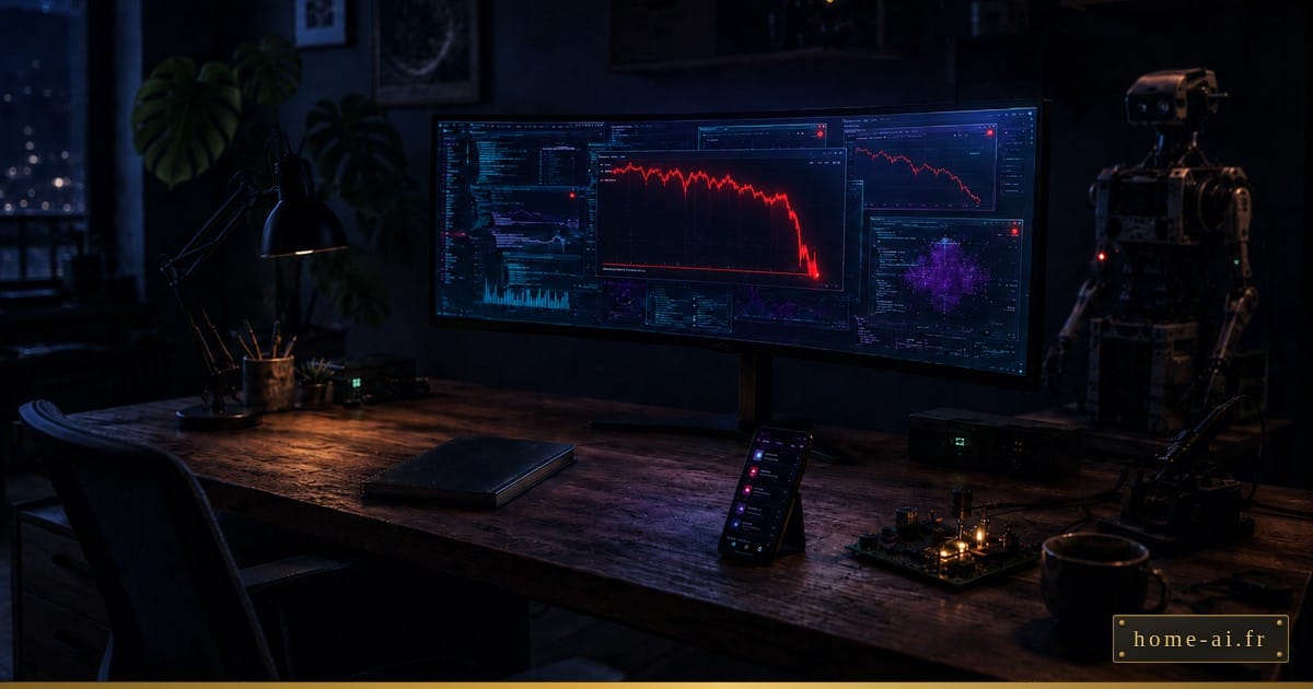Atelier nocturne, plus tard dans la nuit : sur l'écran ultrawide, un graphe rouge en chute libre, terminaux en cascade. Robot et lampe d'alerte rouge sur le bureau.