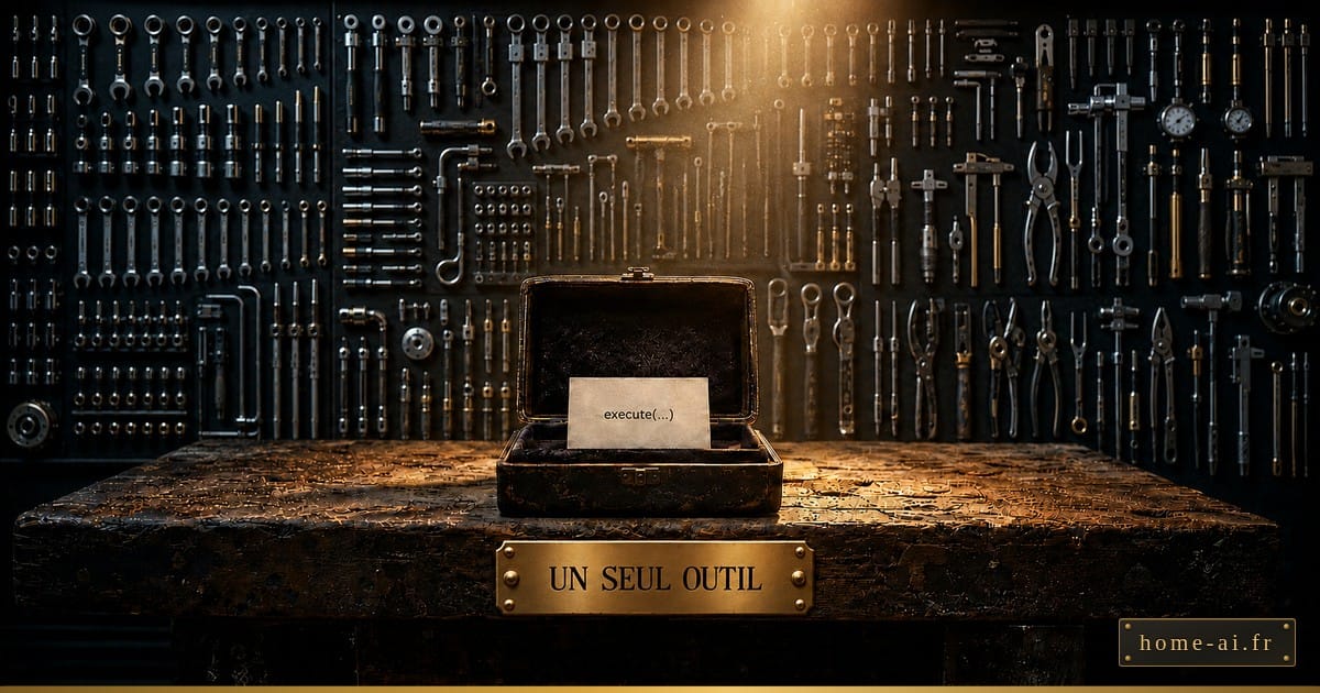 Coffret de velours ouvert sur un établi d'atelier : une carte blanche imprimée « execute(...) », devant un mur d'outils anciens ; plaque gravée « UN SEUL OUTIL ».