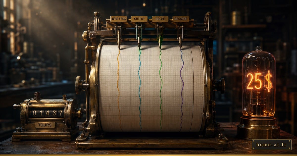 Enregistreur à plumes en laiton : quatre courbes verticales colorées (input frais, output, cache, recache) sur le tambour, compteur TOURS à gauche, tube lumineux 25 dollars à droite.