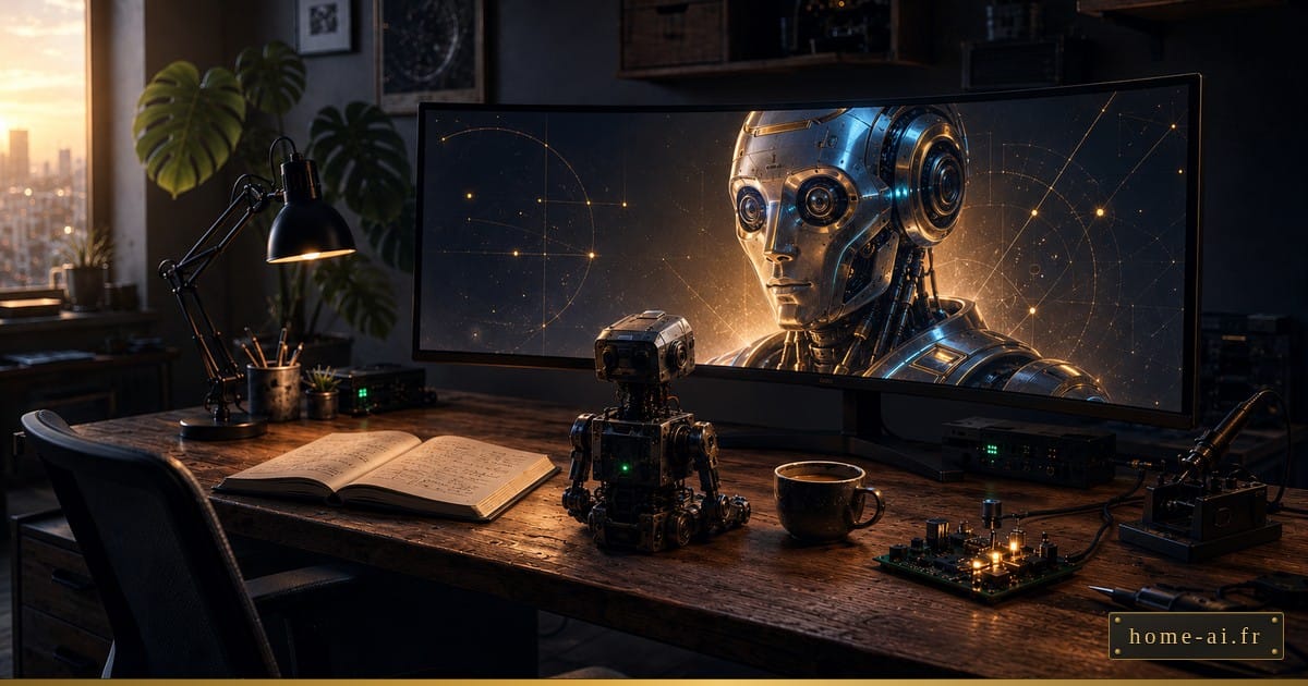 Un petit robot d'atelier en métal patiné, posé sur un bureau, lève les yeux vers un grand écran qui affiche une version futuriste et lumineuse de lui-même.
