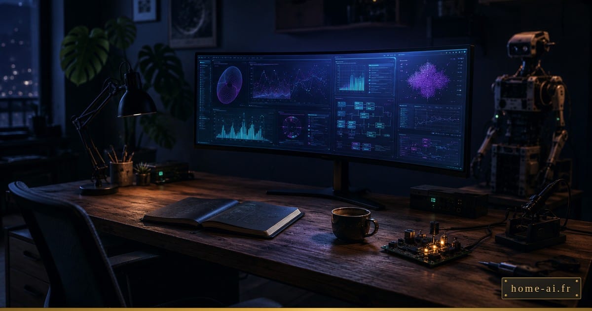Atelier nocturne : écran ultrawide aux graphes cyan/violet, robot humanoïde à droite, plante, café et carnet sur bureau bois. Chaise vide.