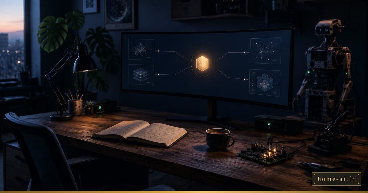 Atelier au petit matin : sur l'écran ultrawide, un cube ambre central rayonne vers quatre panneaux ancrés. Notebook ouvert, café plein, aube discrète à la fenêtre.