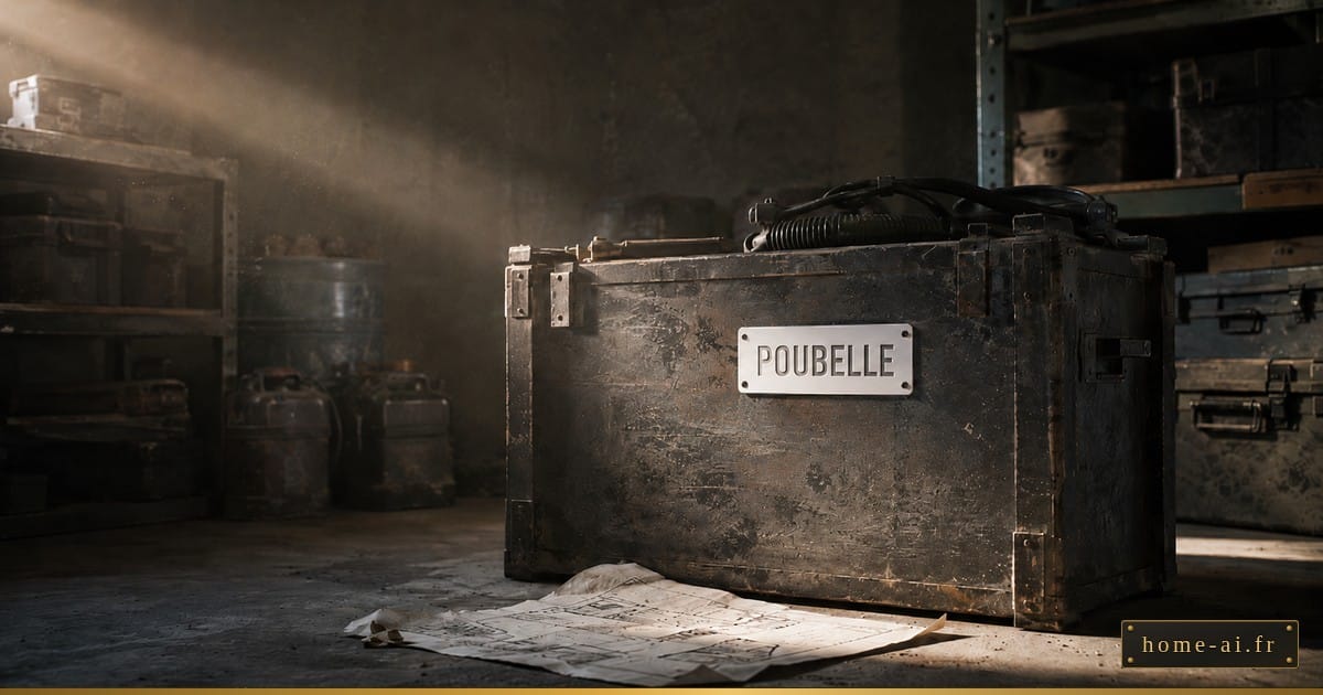 Atelier à l'aube : vieille caisse industrielle patinée, une plaque métallique gravée du mot « POUBELLE » sur son flanc, un plan froissé au sol, rai de lumière poussiéreux.