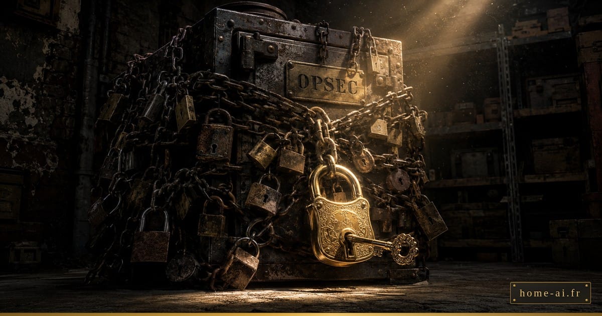 Coffre-fort enchaîné sous des dizaines de cadenas dépareillés ; au premier plan, un gros cadenas doré et sa clé en lumière — celui qui ouvre tout.