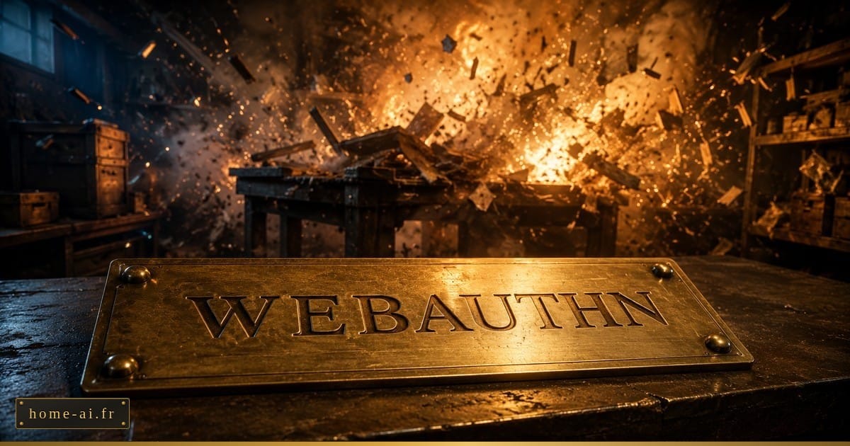Plaque de laiton gravée WEBAUTHN au premier plan sur un établi ; derrière, un atelier en bois explose, projetant débris et étincelles dans une lueur orangée.